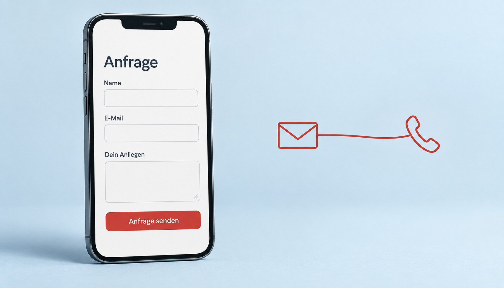 Illustriertes Smartphone-Formular mit den drei Feldern Name, E-Mail und Dein Anliegen sowie dem Button Anfrage senden