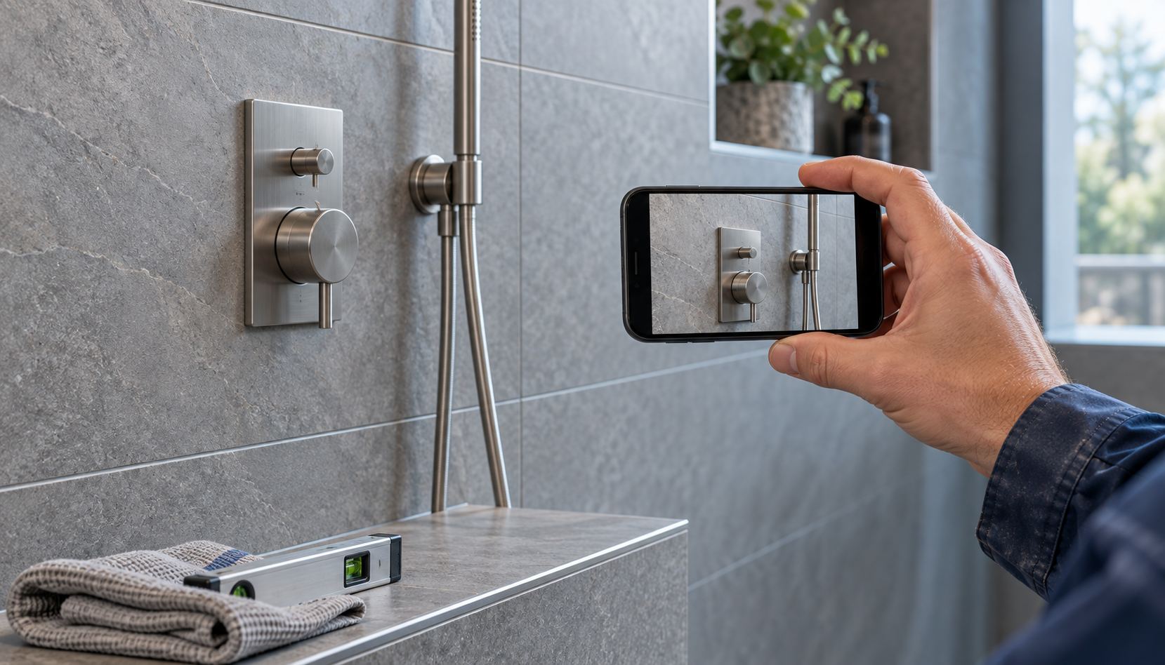 Illustration: Eine Hand fotografiert mit dem Smartphone die Details einer gefliesten Dusche und ihrer Armatur