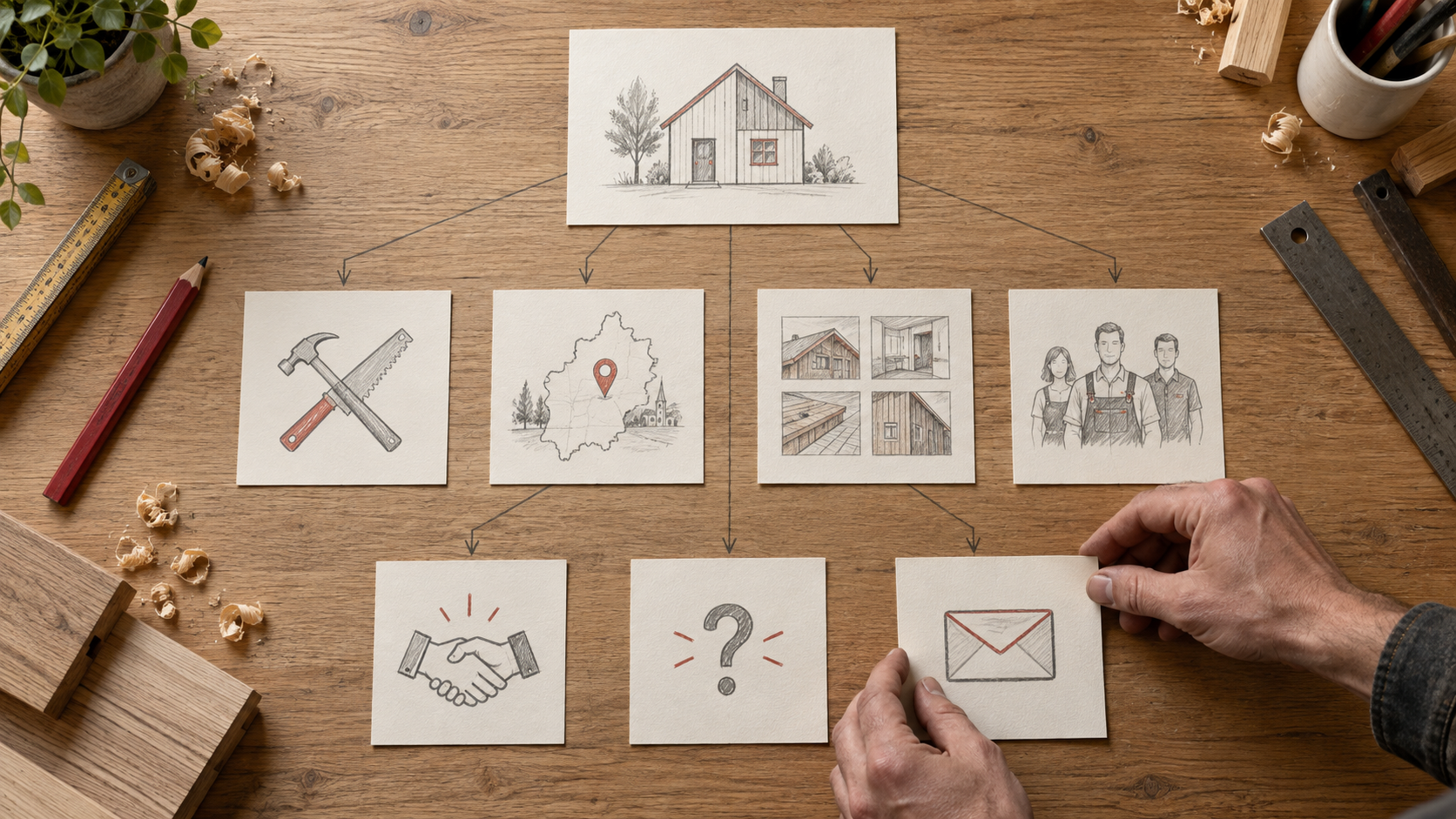 Illustration einer Website-Planung auf einem Holztisch: Inhaltskarten für Leistungen, Region, Referenzen, Team und Kontakt