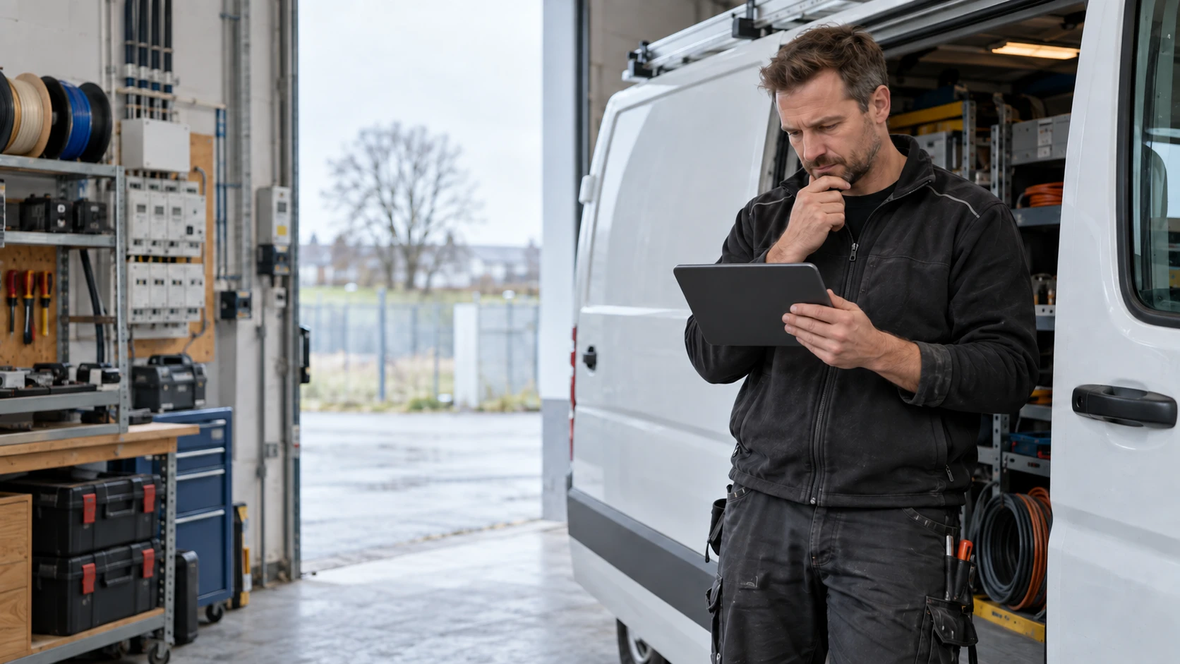 Elektriker prüft die Website seines Betriebs auf einem Tablet neben seinem Werkstattwagen