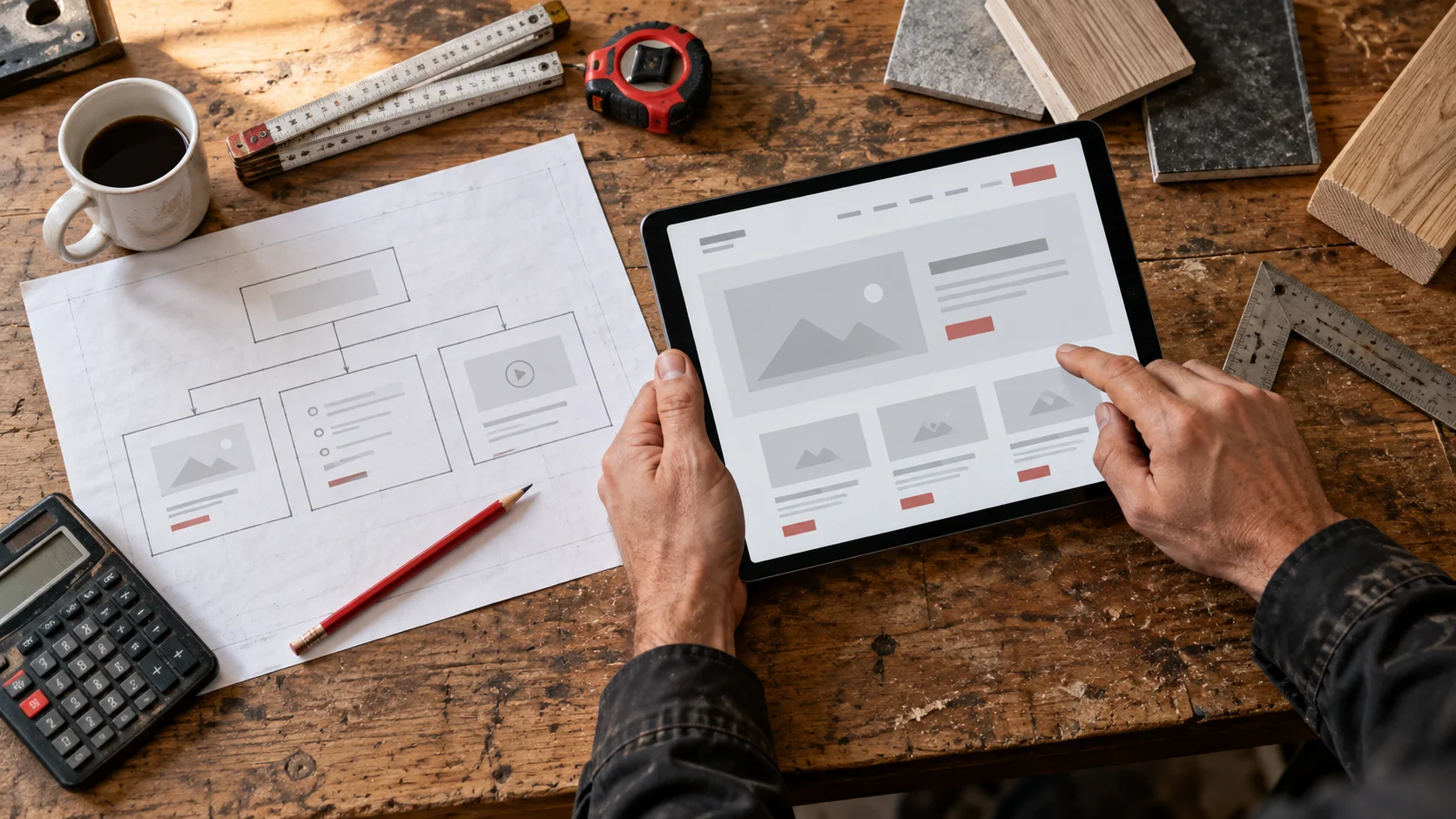 Handwerker plant an einer Werkbank den Aufbau einer Website auf Papier und Tablet