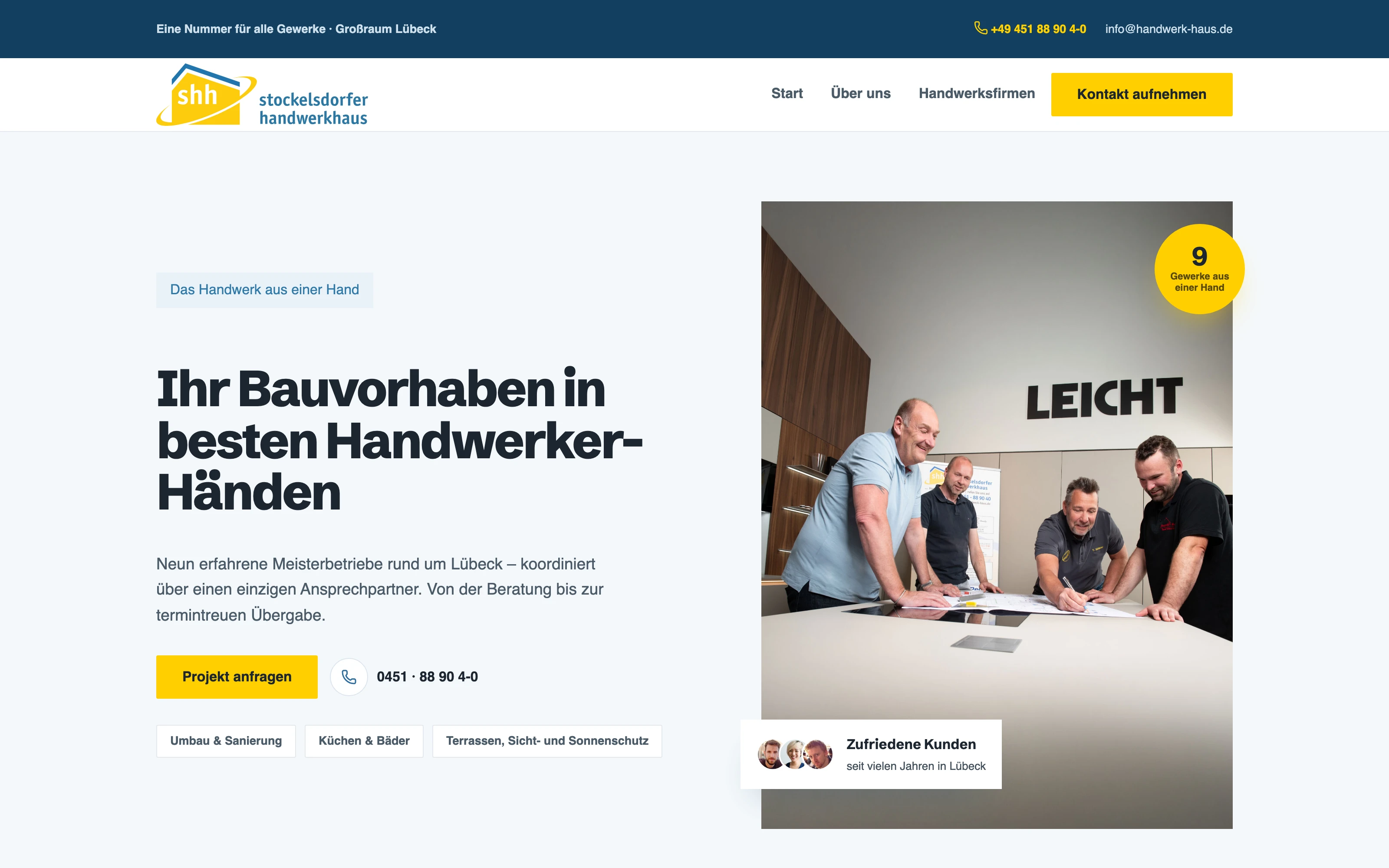 Startseite des Stockelsdorfer Handwerkhauses mit neun Meisterbetrieben, Leistungen und direktem Kontaktweg