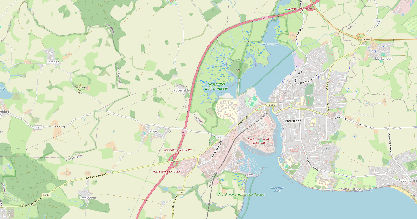Straßenkarte von Neustadt in Holstein mit Innenstadt, Hafen, Pelzerhaken und umliegenden Orten